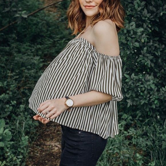 Striped Off The Shoulder Top - Olive - Picture 5 of 8